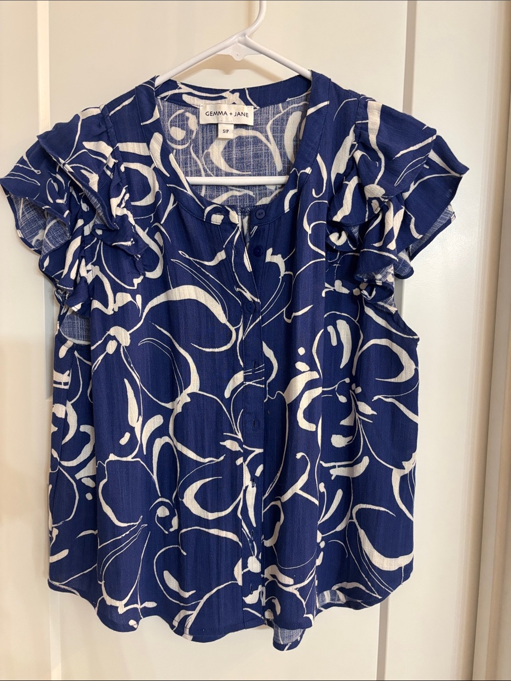 Gemma + Jane Navy Floral Ruffle Sleeve Blouse